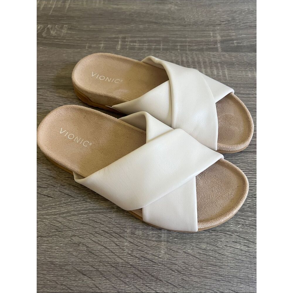 New Vionic Etna Slide Sandals Women’s 7M Cream Ivory Comfort Orthotic Slip On